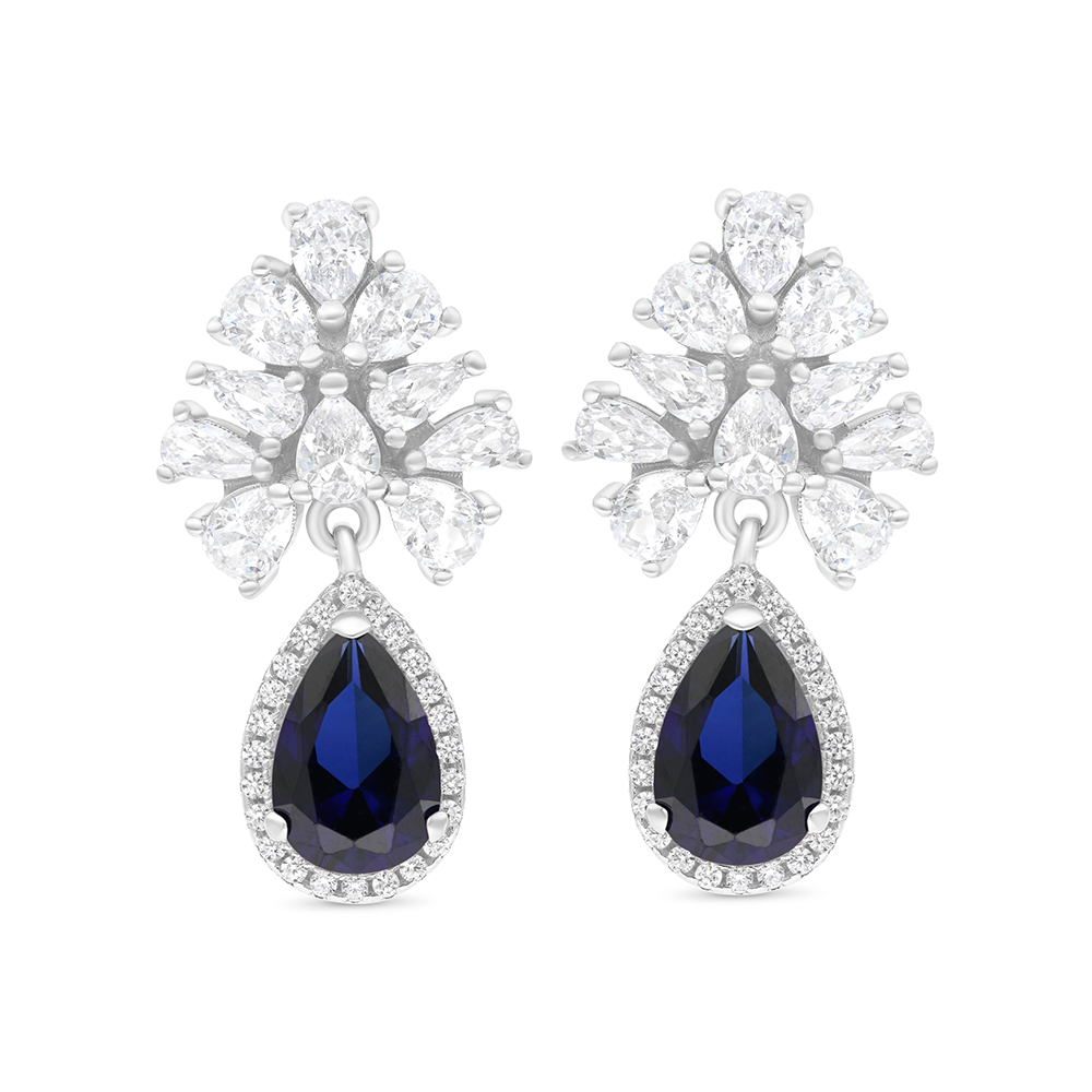 Sterling Silver 925 Earring Rhodium Plated Embedded With Sapphire Corundum And White CZ