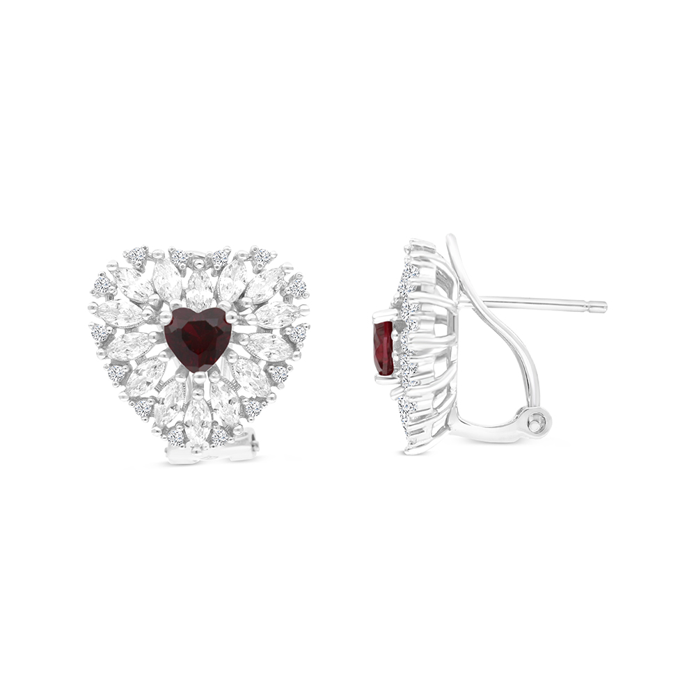 Sterling Silver 925 Earring Rhodium Plated Embedded With Ruby Corundum And White CZ