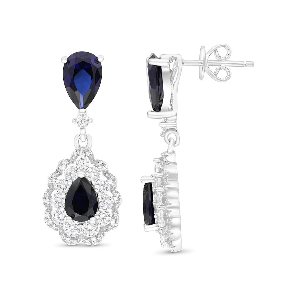 Sterling Silver 925 Earring Rhodium Plated Embedded With Sapphire Corundum And White CZ