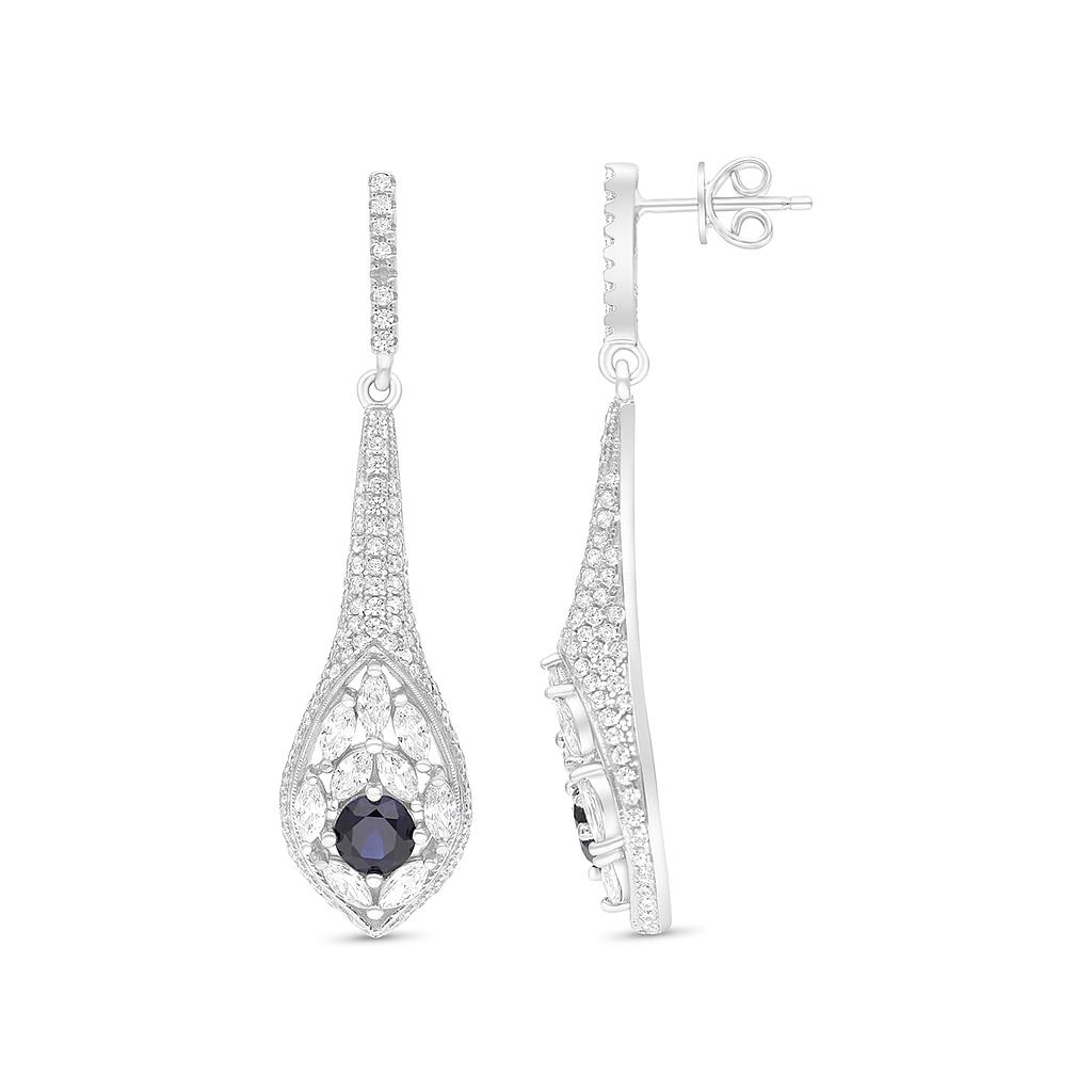 Sterling Silver 925 Earring Rhodium Plated Embedded With Sapphire Corundum And White CZ