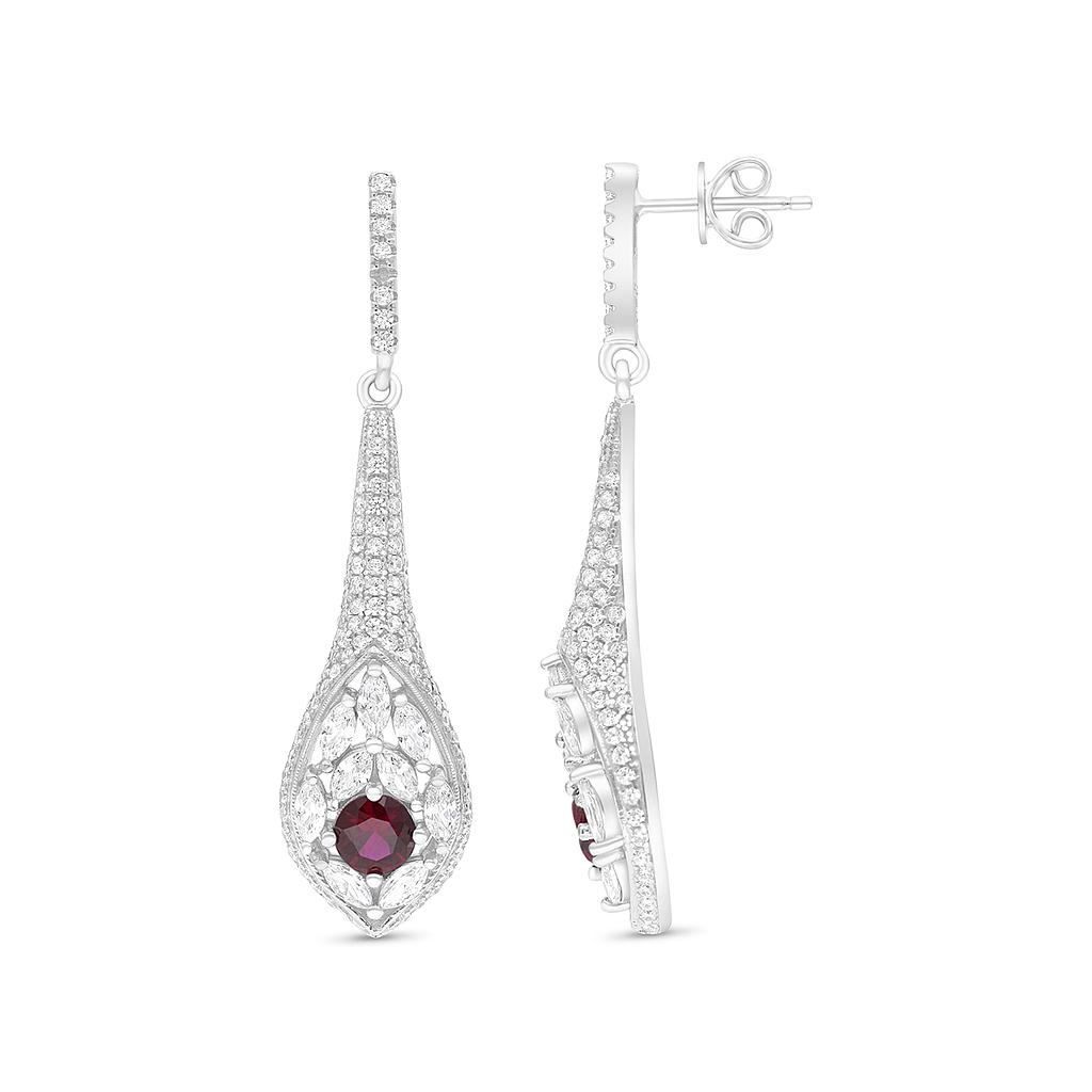 Sterling Silver 925 Earring Rhodium Plated Embedded With Ruby Corundum And White CZ