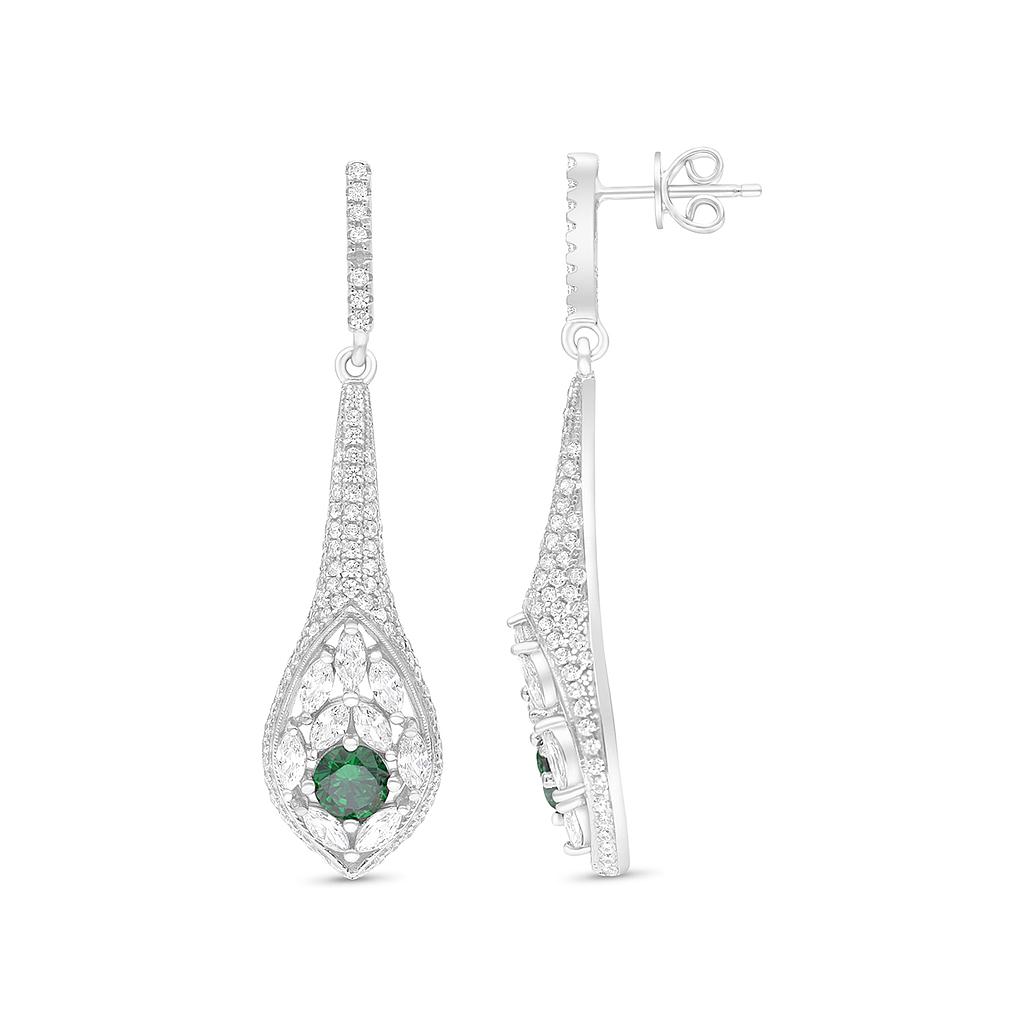 Sterling Silver 925 Earring Rhodium Plated Embedded With Emerald And White CZ