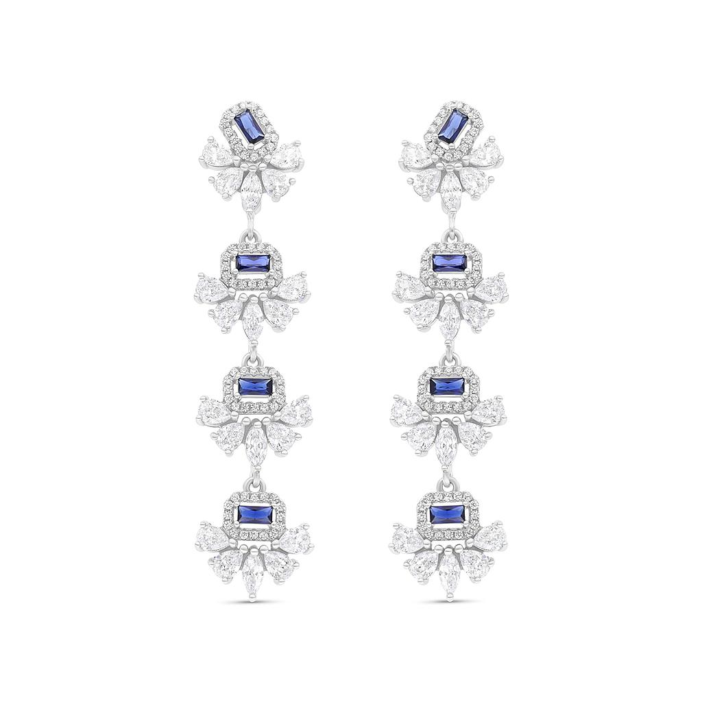 Sterling Silver 925 Earring Rhodium Plated Embedded With Sapphire Corundum And White CZ