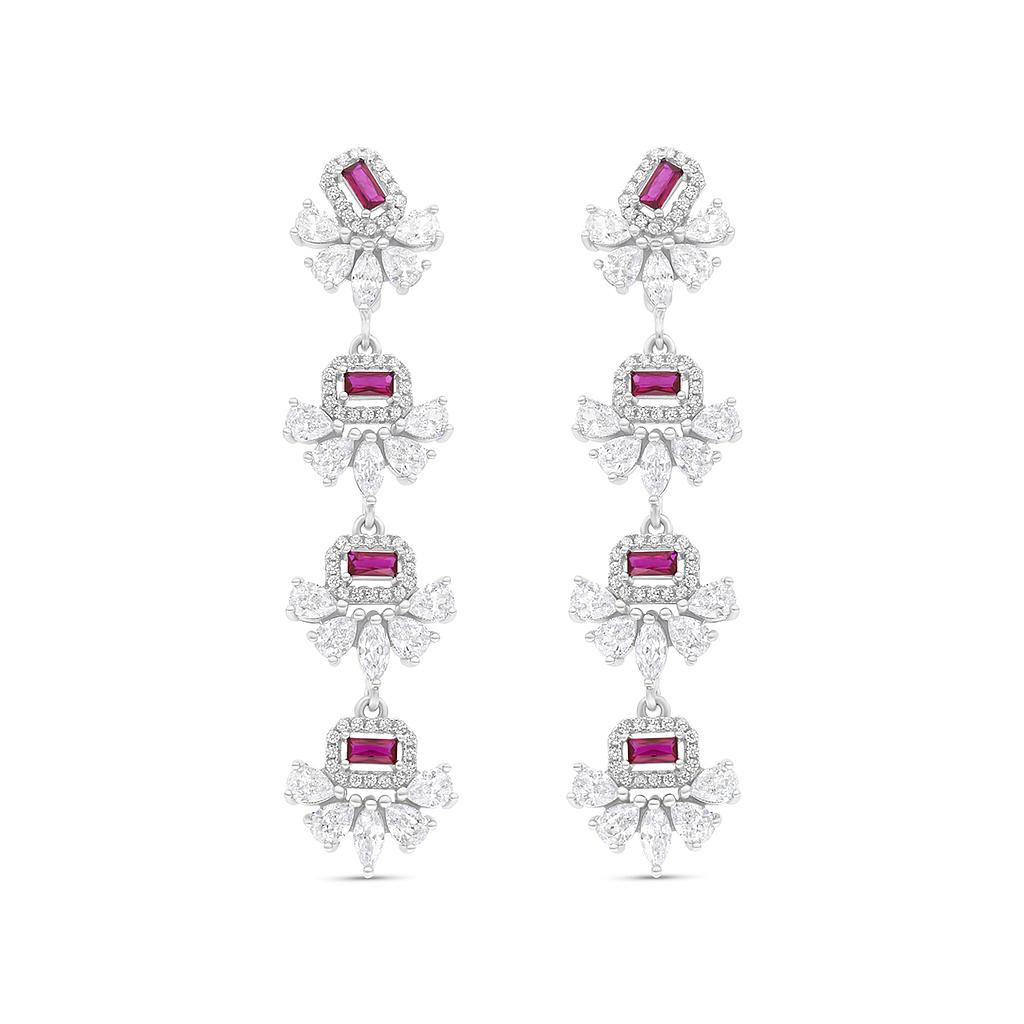 Sterling Silver 925 Earring Rhodium Plated Embedded With Ruby Corundum And White CZ