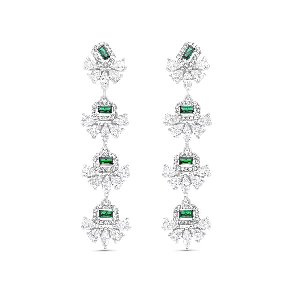 Sterling Silver 925 Earring Rhodium Plated Embedded With Emerald And White CZ