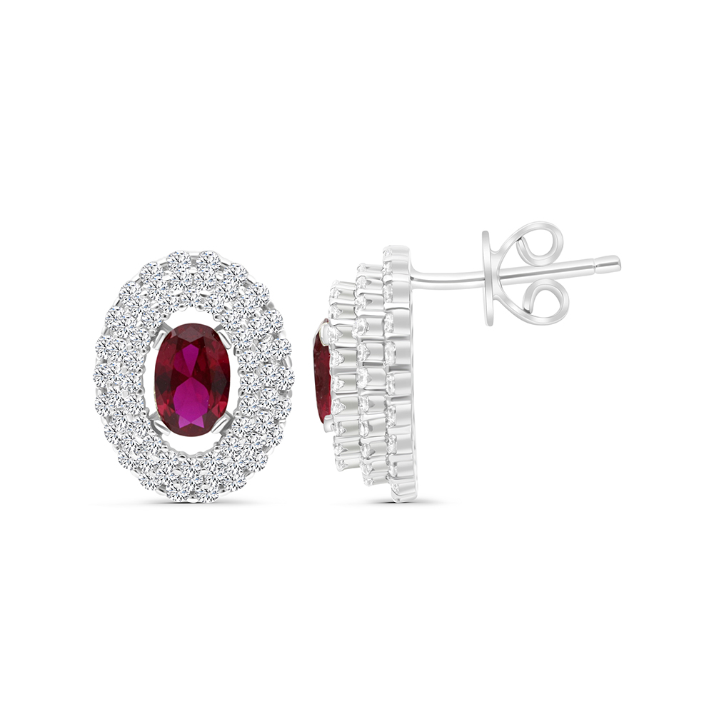 Sterling Silver 925 Earring Rhodium Plated Embedded With Ruby Corundum And White CZ