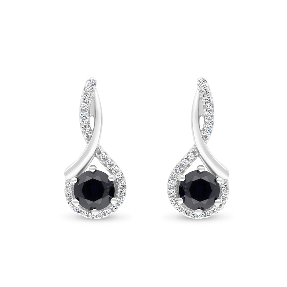 Sterling Silver 925 Earring Rhodium Plated Embedded With Sapphire Corundum And White CZ