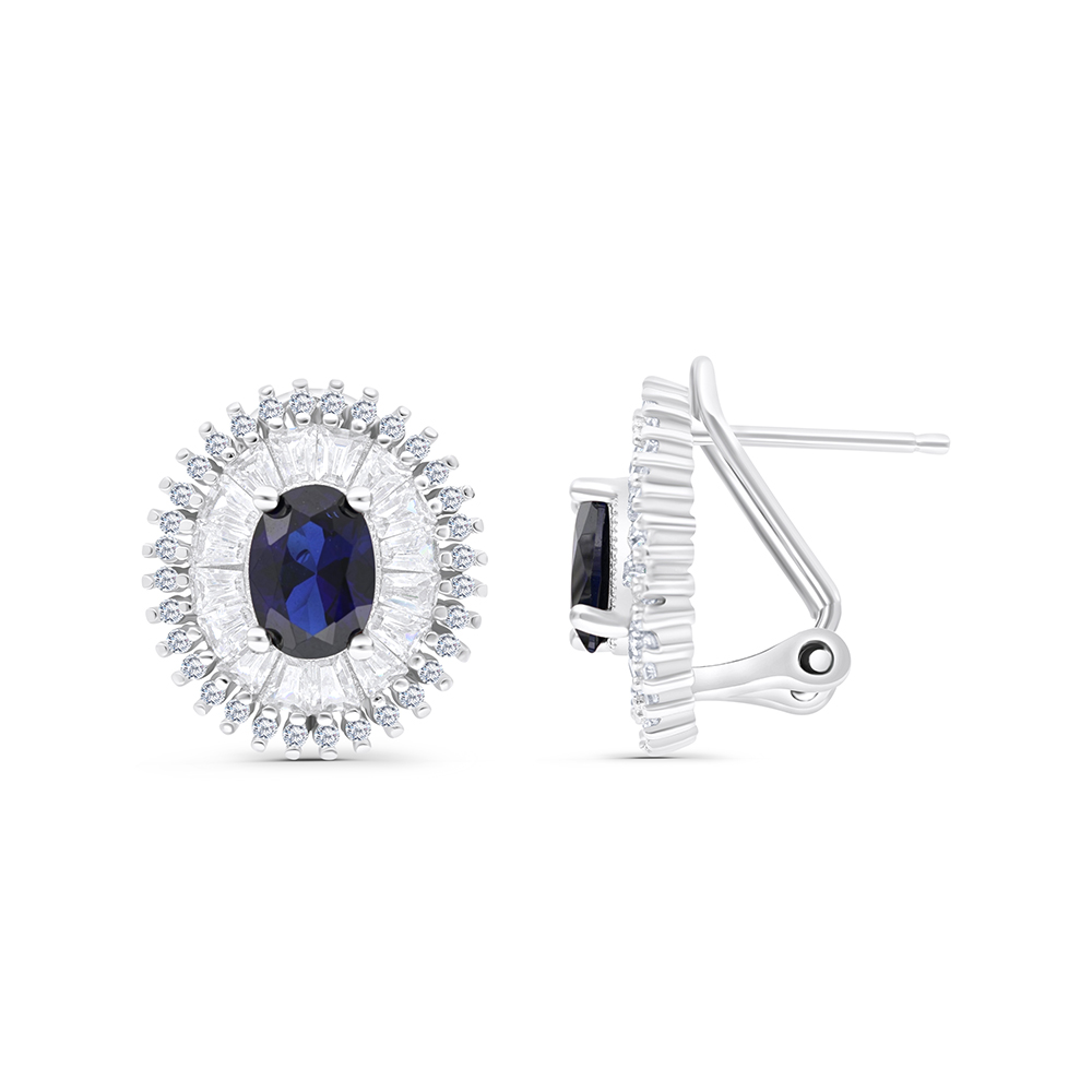 Sterling Silver 925 Earring Rhodium Plated Embedded With Sapphire CorundumAnd White CZ