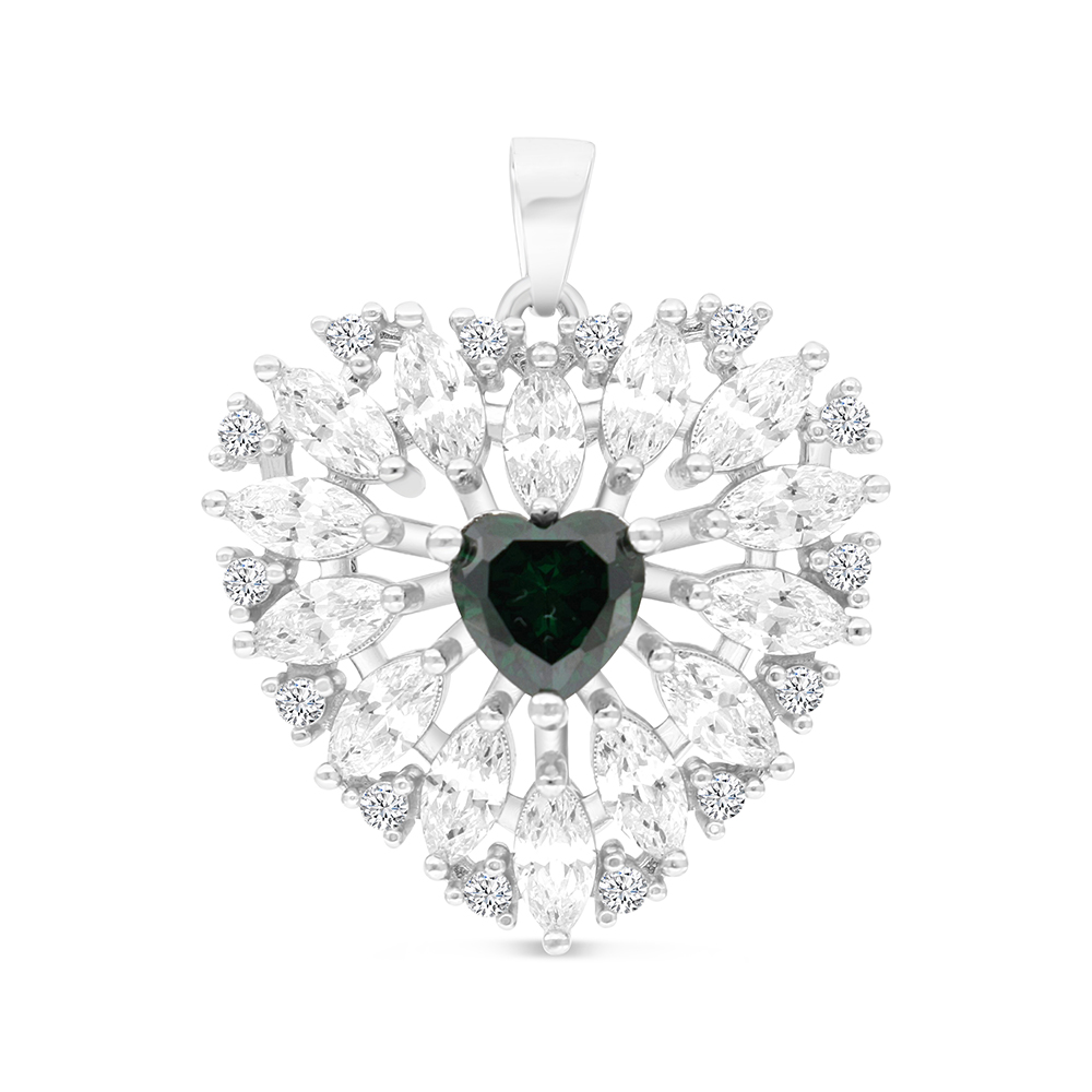 Sterling Silver 925 Pendant Rhodium Plated Embedded With Emerald And White CZ