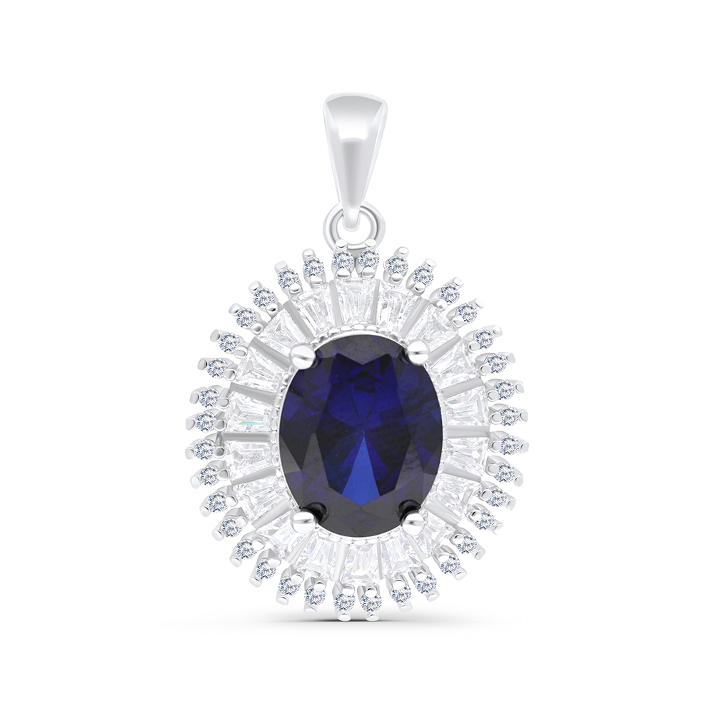 Sterling Silver 925 Pendant Rhodium Plated Embedded With Sapphire CorundumAnd White CZ