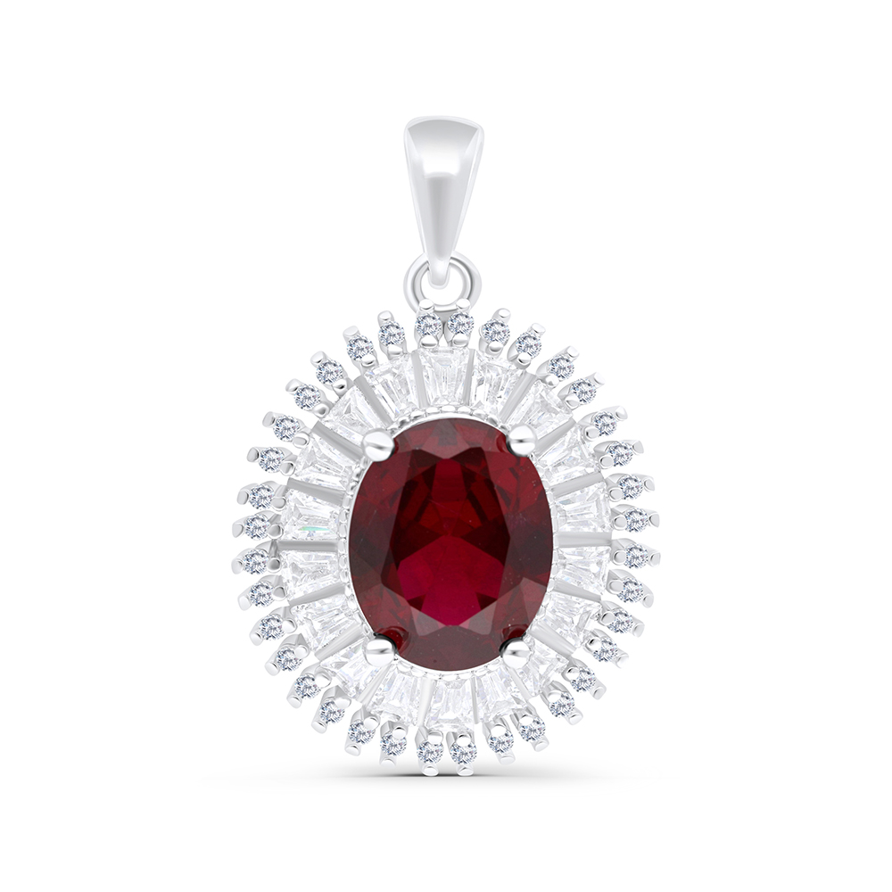 Sterling Silver 925 Pendant Rhodium Plated Embedded With Ruby Corundum And White CZ