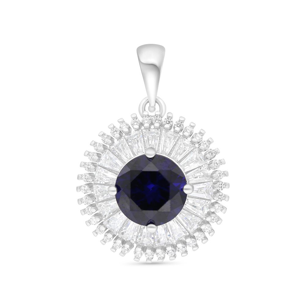 Sterling Silver 925 Pendant Rhodium Plated Embedded With Sapphire Corundum