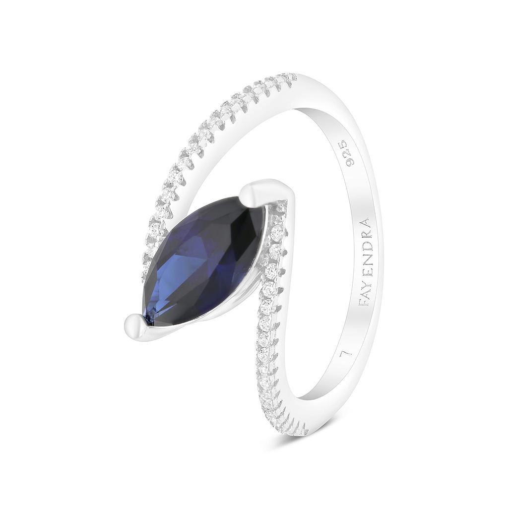 Sterling Silver 925 Ring Rhodium Plated Embedded With Sapphire Corundum And White CZ