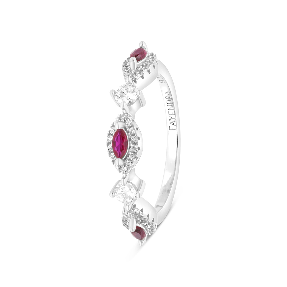 Sterling Silver 925 Ring Rhodium Plated Embedded With Ruby Corundum And White CZ