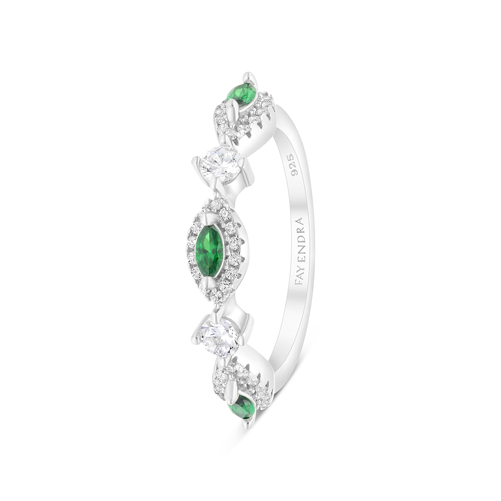 Sterling Silver 925 Ring Rhodium Plated Embedded With Emerald And White CZ