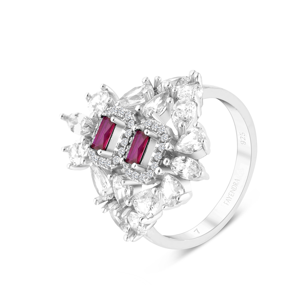 Sterling Silver 925 Ring Rhodium Plated Embedded With Ruby Corundum And White CZ