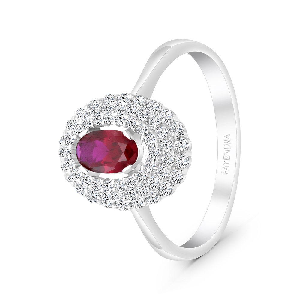 Sterling Silver 925 Ring Rhodium Plated Embedded With Ruby Corundum And White CZ