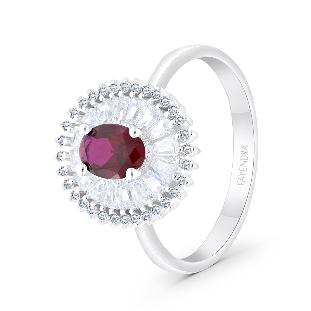 Sterling Silver 925 Ring Rhodium Plated Embedded With Ruby Corundum And White CZ