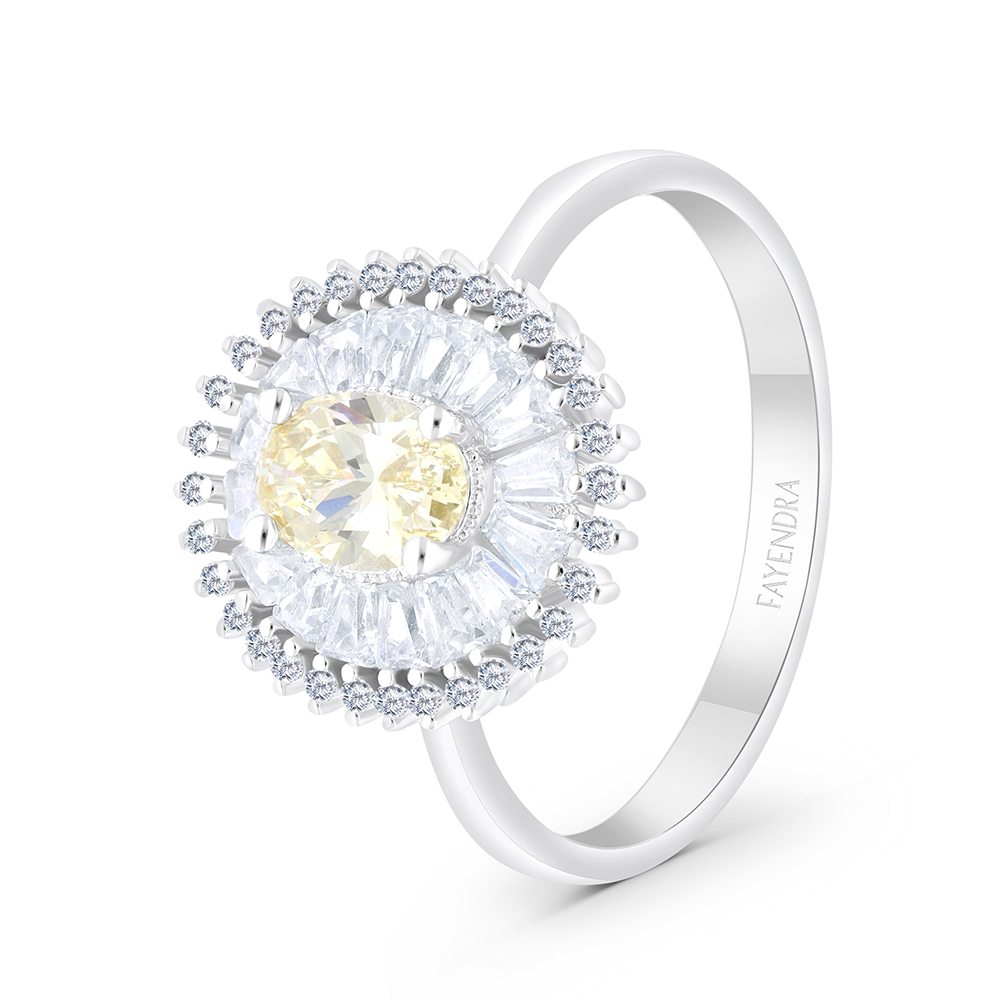 Sterling Silver 925 Ring Rhodium Plated Embedded With Yellow Zircon And White CZ