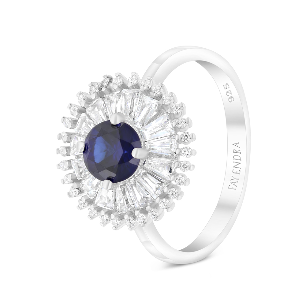 Sterling Silver 925 Ring Rhodium Plated Embedded With Sapphire Corundum