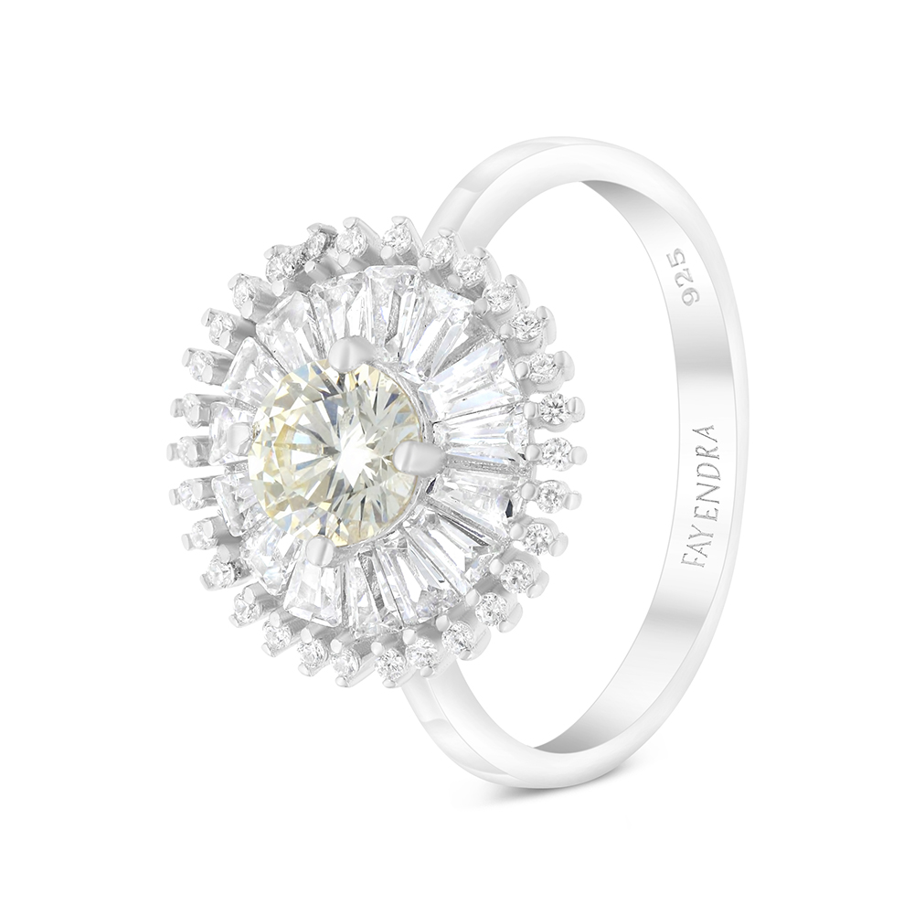 Sterling Silver 925 Ring Rhodium Plated Embedded With Yellow Zircon