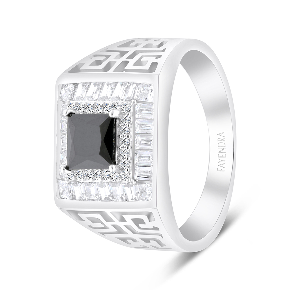 Sterling Silver 925 Ring Rhodium Plated Embedded With Black CZ For Men And White CZ