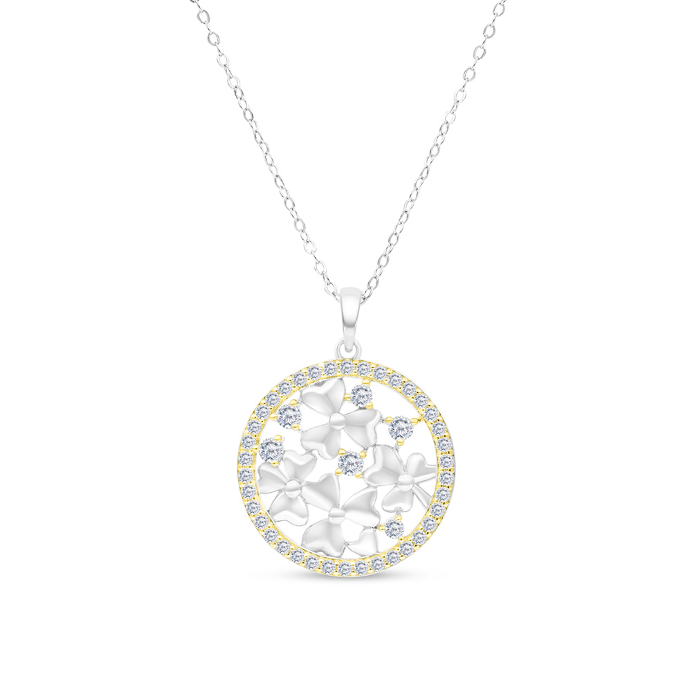 Sterling Silver 925 Necklace Rhodium And Gold Plated And White CZ