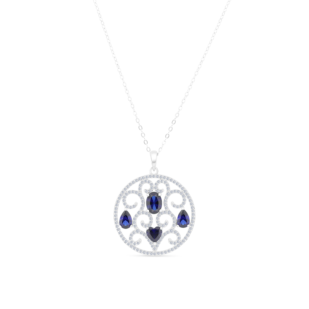 Sterling Silver 925 Necklace Rhodium Plated Embedded With Sapphire CorundumAnd White CZ