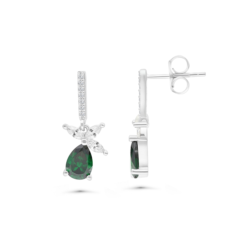 Sterling Silver 925 Earring Rhodium Plated Embedded With Emerald And White CZ