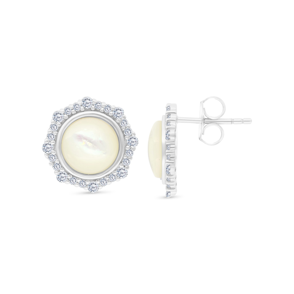 Sterling Silver 925 Earring Rhodium Plated Embedded With Natural White Shell And White CZ