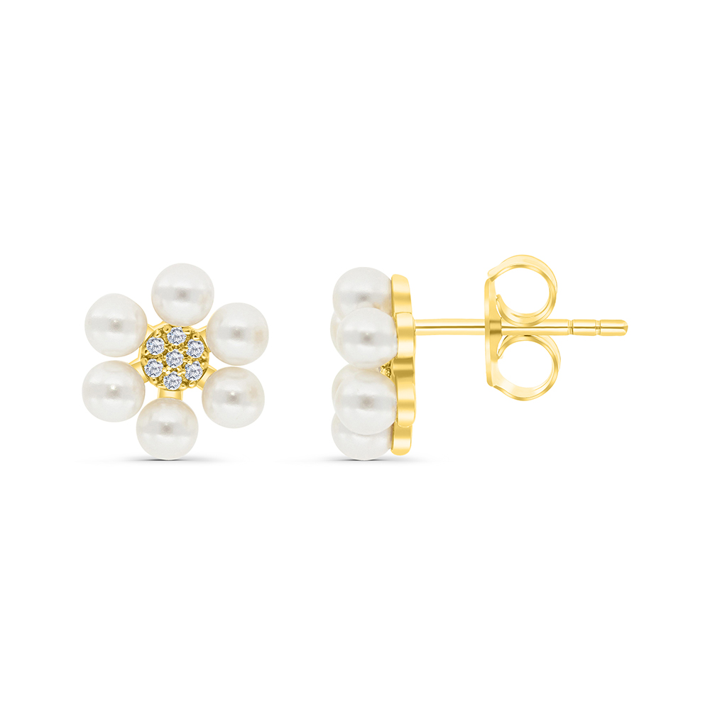 Sterling Silver 925 Earring Gold Plated Embedded With White Shell Pearl And White CZ
