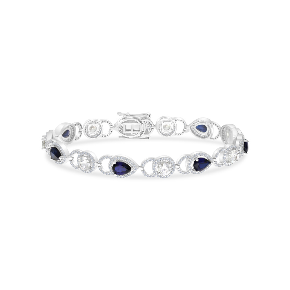 Sterling Silver 925 Bracelet Rhodium Plated Embedded With Sapphire Corundum And White CZ