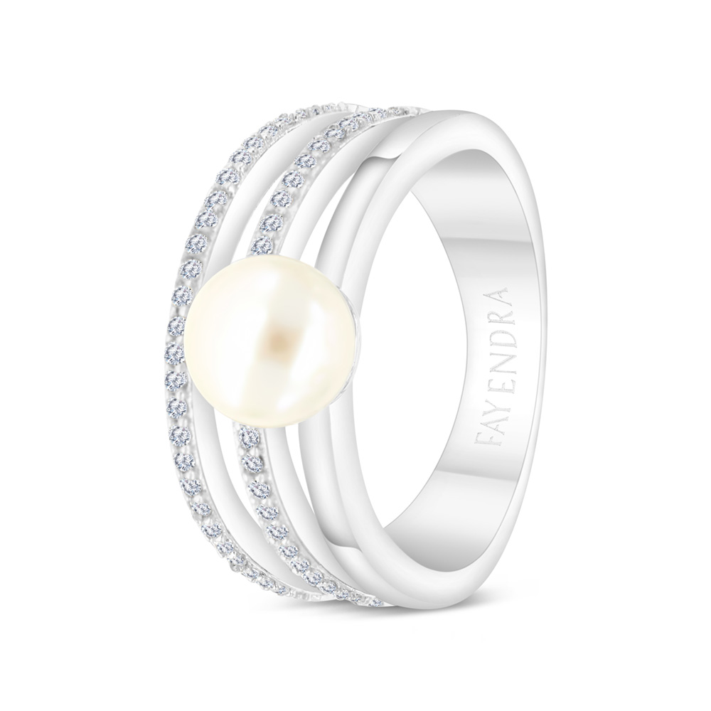 Sterling Silver 925 Ring Rhodium Plated Embedded With White Shell Pearl And White CZ