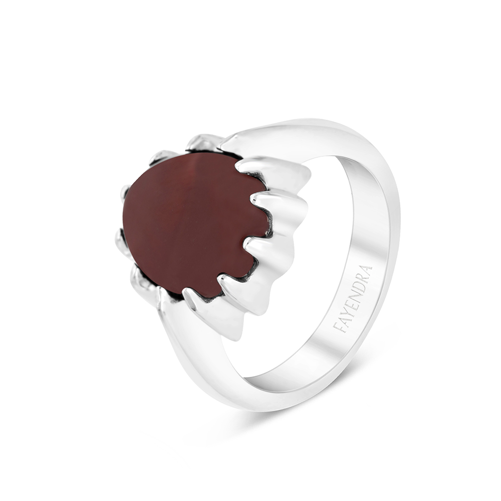 Sterling Silver 925 Ring Rhodium Plated Embedded With Red Natural Aqiq For Men