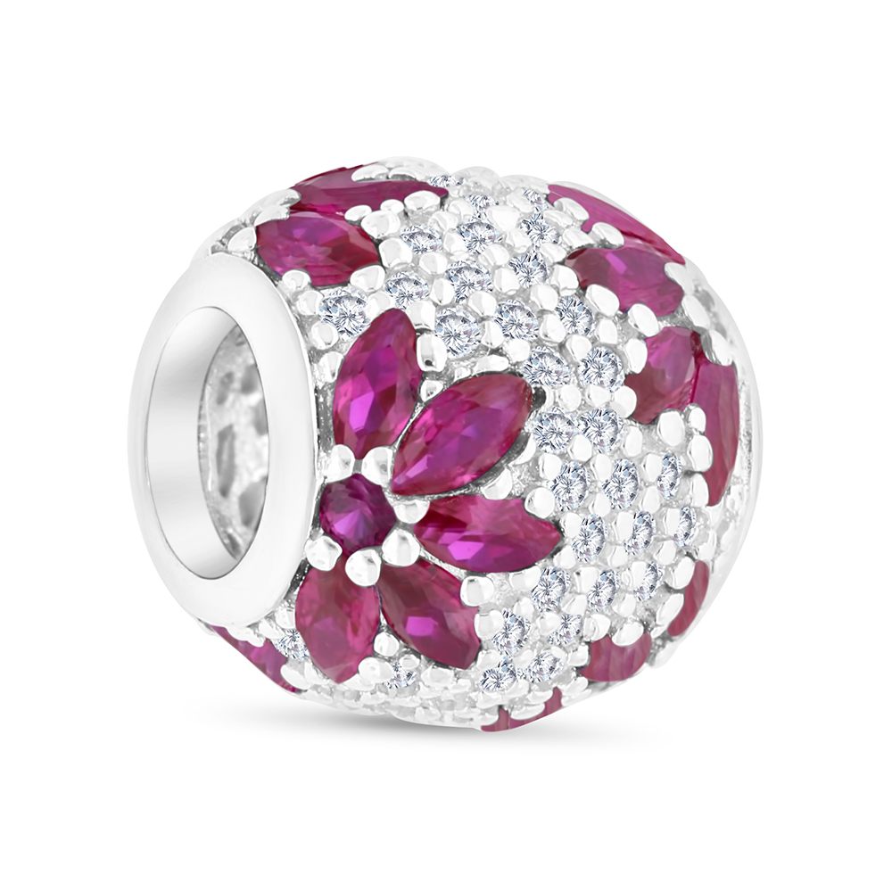 Sterling Silver 925 CHARM Rhodium Plated Embedded With Ruby Corundum And White CZ