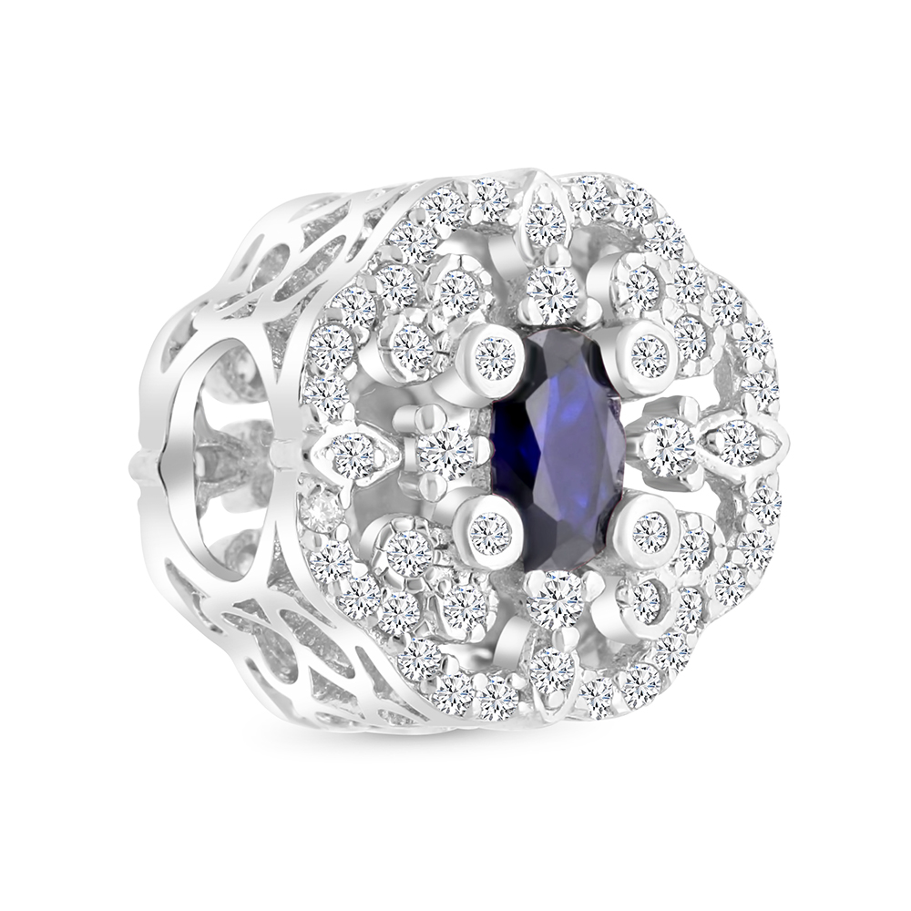 Sterling Silver 925 CHARM Rhodium Plated Embedded With Sapphire Corundum And White CZ