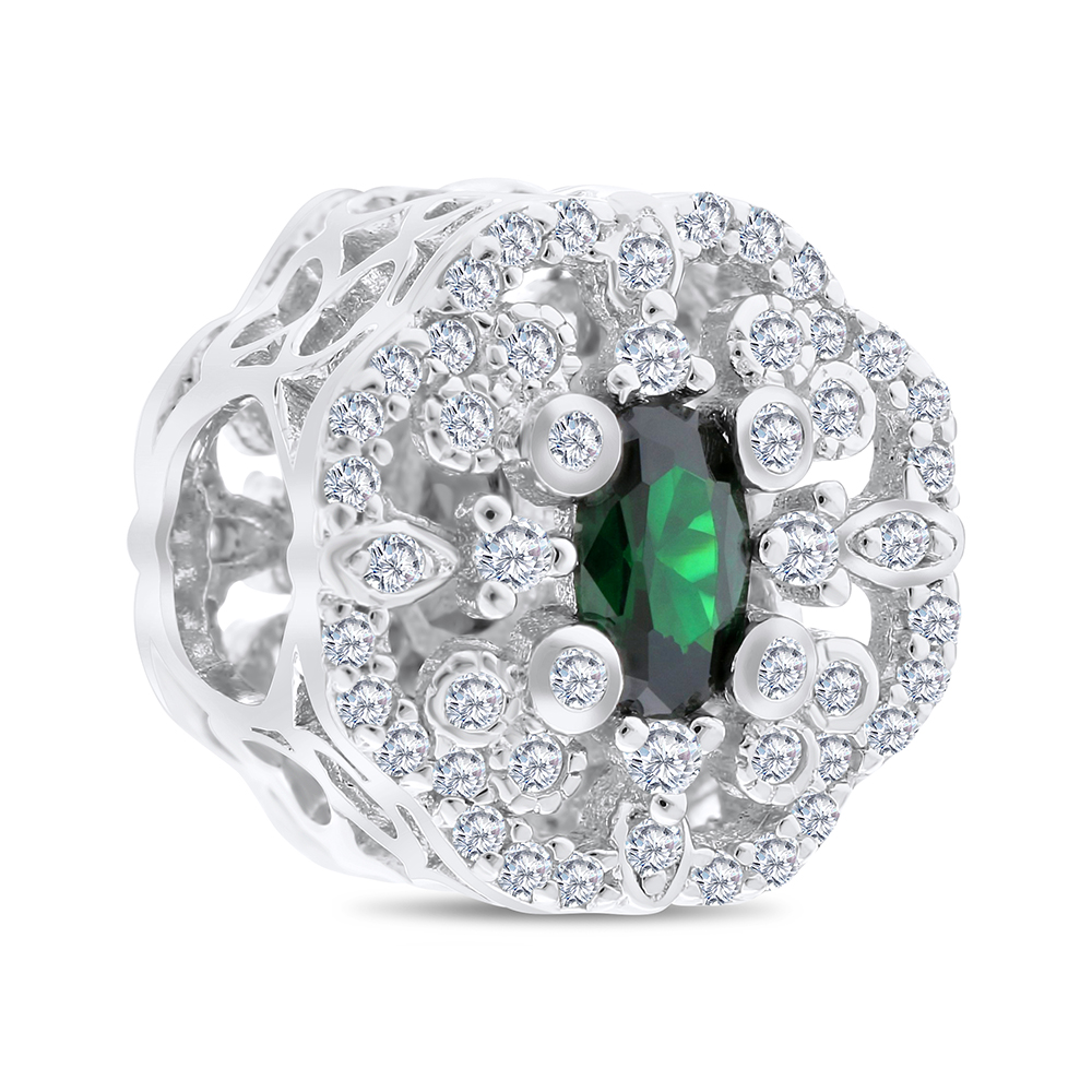 Sterling Silver 925 CHARM Rhodium Plated Embedded With Emerald Zircon And White CZ