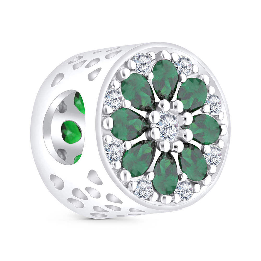 Sterling Silver 925 CHARM Rhodium Plated Embedded With Emerald And White CZ