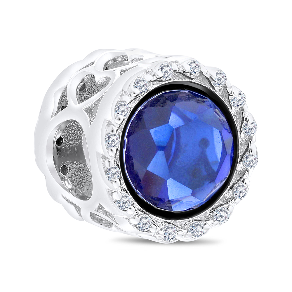 Sterling Silver 925 CHARM Rhodium Plated Embedded With Sapphire Corundum And White CZ