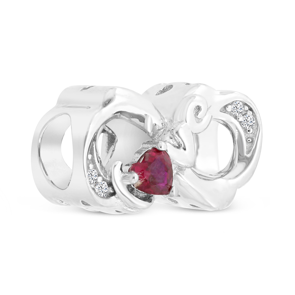 Sterling Silver 925 CHARM Rhodium Plated Embedded With Ruby Corundum And White CZ