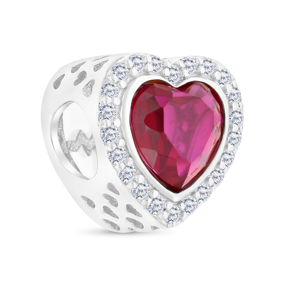 Sterling Silver 925 CHARM Rhodium Plated Embedded With Ruby Corundum And White CZ