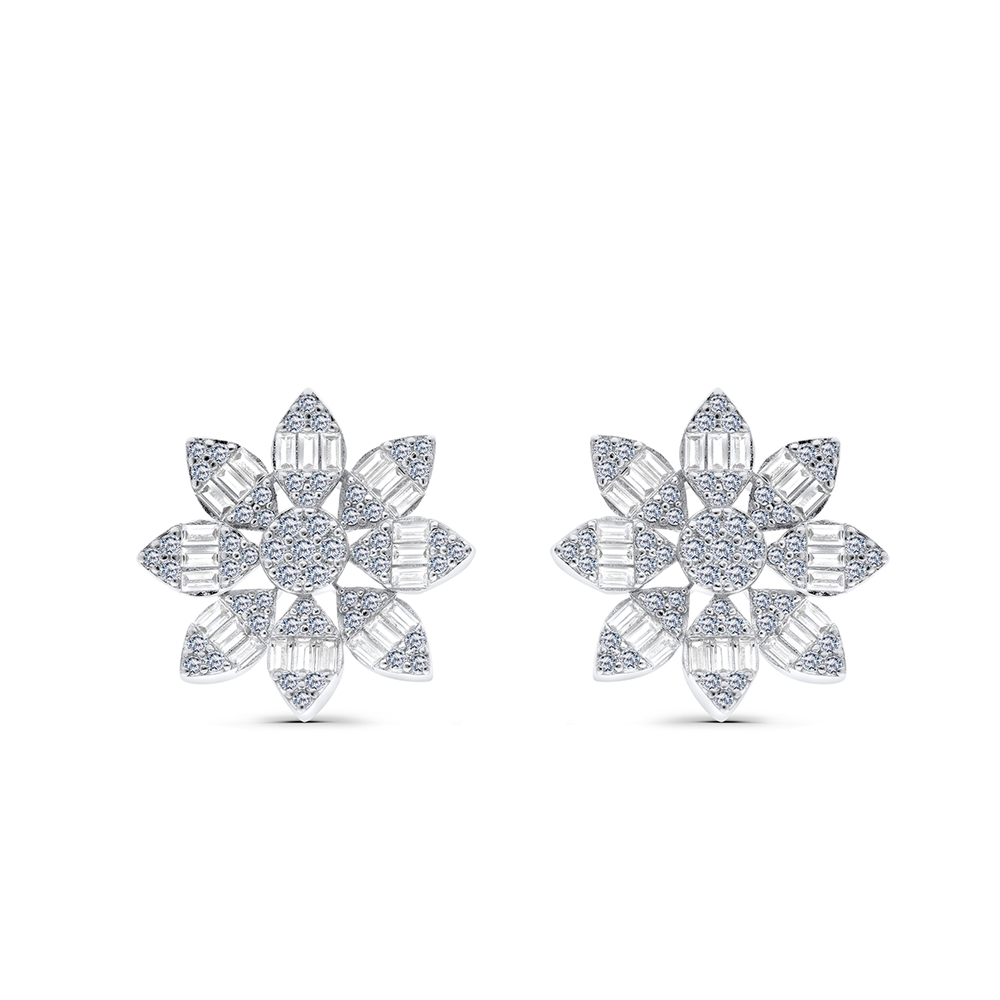 Sterling Silver 925 Earring Rhodium Plated Embedded With White CZ