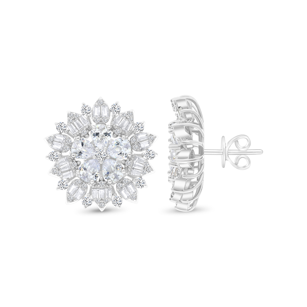 Sterling Silver 925 Earring Rhodium Plated Embedded With White CZ