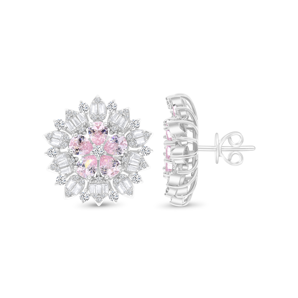 Sterling Silver 925 Earring Rhodium Plated Embedded With Pink Zircon And White CZ