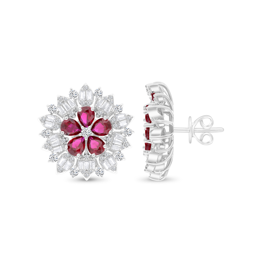 Sterling Silver 925 Earring Rhodium Plated Embedded With Ruby Corundum And White CZ