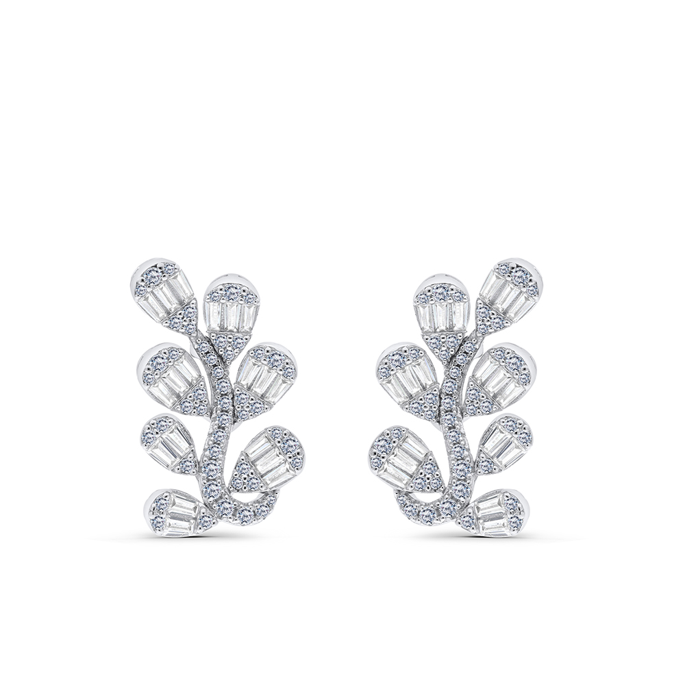 Sterling Silver 925 Earring Rhodium Plated Embedded With White CZ