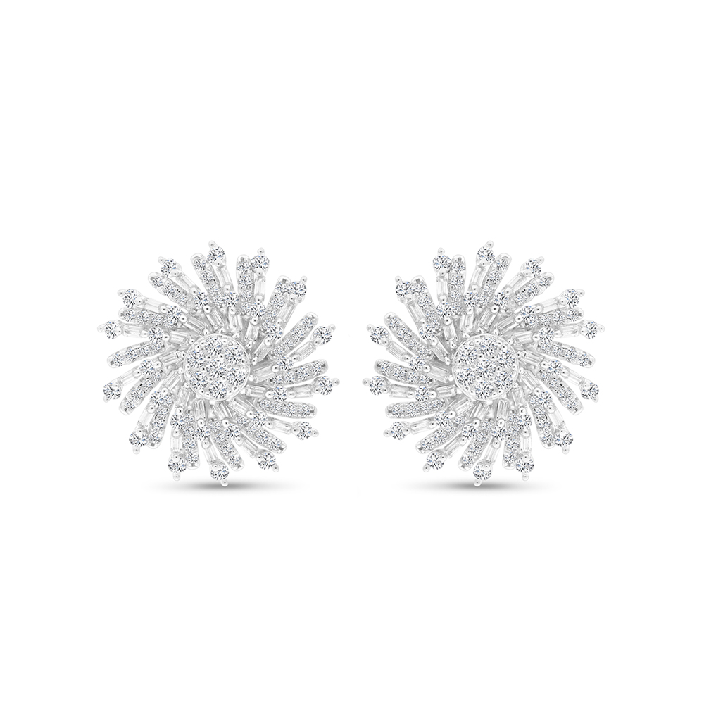 Sterling Silver 925 Earring Rhodium Plated Embedded With White CZ