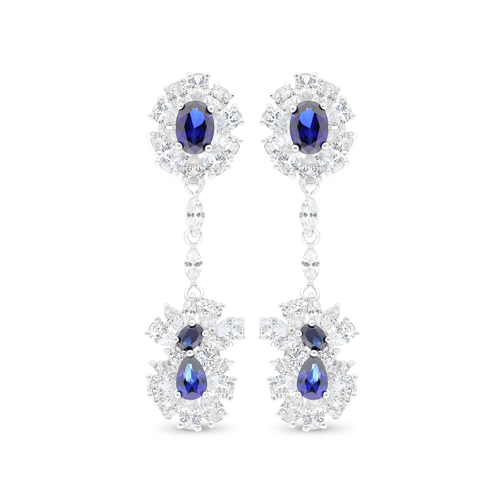 Sterling Silver 925 Earring Rhodium Plated Embedded With Sapphire Corundum And White CZ