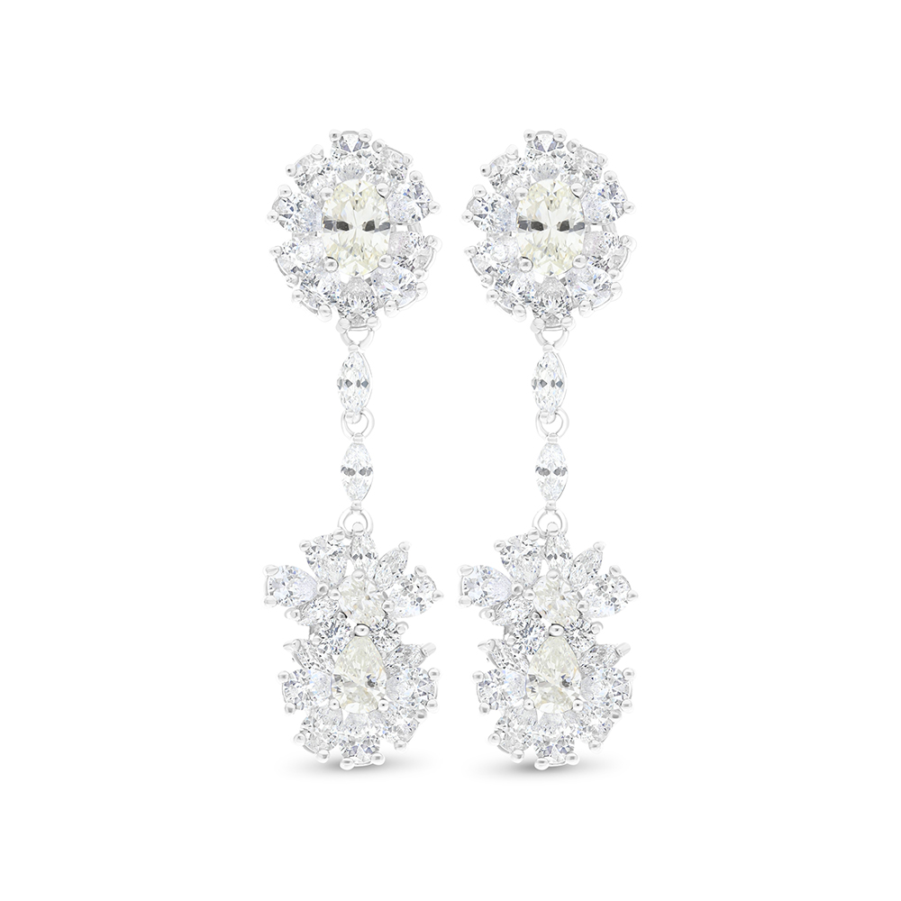 Sterling Silver 925 Earring Rhodium Plated Embedded With Yellow Zircon And White CZ