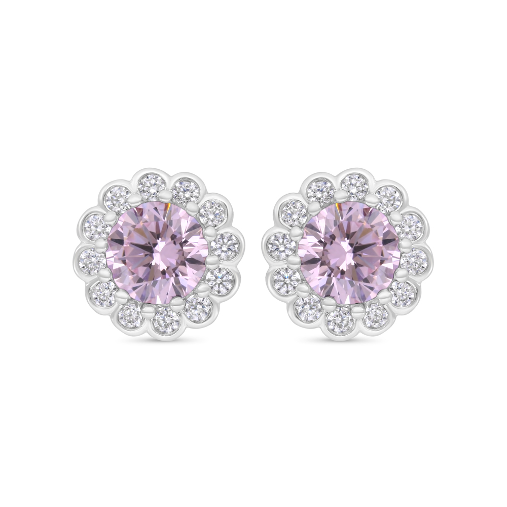 Sterling Silver 925 Earring Rhodium Plated Embedded With Pink Zircon And White Zircon